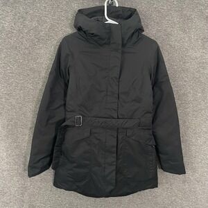 The North Face Down Parka Coat Womens XS Black 550 Fill Belted Hooded Warm